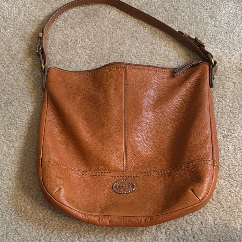 Fossil Tan Leather Hobo Bag with Metal Hardware